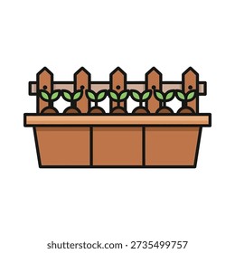 This image shows a brown planter box with small green seedlings growing in it, placed in front of a wooden fence. Featuring plants