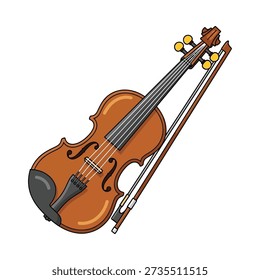 This image shows a brown violin with a bow placed beside it on a white background, conveying a music concept. Featuring music instrument