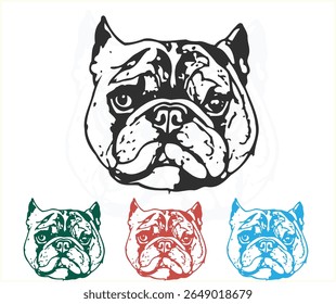 Esta imagem mostra uma cabeça de buldogue em quatro cores diferentes: preto, verde, vermelho e azul.