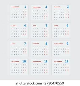 Esta Imagen muestra un calendario con los 12 meses del año mostrados en una cuadrícula. El calendario es limpio, simple y minimalista, lo que facilita su lectura y uso para la planificación y organización. Se puede utilizar para fines personales o profesionales, en un hogar, oficina o entorno escolar.