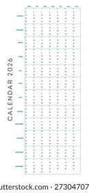 This image shows a calendar for the year 2026 with a clean and organized design. The calendar has a grid layout with days of the week listed across the top and months listed down the side. Each day has a small box for notes or reminders. The calendar is printed on a white background with black text and blue accents. It is a useful tool for planning and keeping track of appointments, deadlines, and events throughout the year.