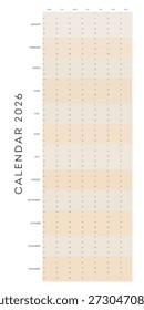 Esta Imagen muestra un calendario para el año 2026 con un diseño limpio y sencillo. El calendario tiene un esquema de color beige y blanco y presenta un diseño de cuadrícula con días de la semana y fechas marcadas. Es una herramienta útil para planificar y organizar el tiempo y el horario.