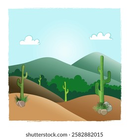 This image shows a calm desert landscape with cacti on sand dunes. Green hills and a blue sky with clouds add depth and serenity.