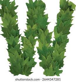 This image shows a capital letter "W" formed by numerous overlapping green maple leaves, creating a lush and natural representation of the letter.