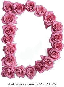 This image shows a capital letter D made of pink roses, arranged meticulously to form the shape of the letter against a white background.