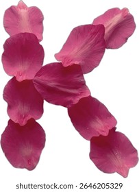 This image shows a capital letter "K" formed by arranging several pink flower petals, creating a visually appealing and organic representation of the letter.
