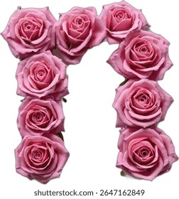 Esta imagem mostra uma letra N maiúscula formada por várias rosas cor-de-rosa, organizadas cuidadosamente para criar a forma da letra contra um fundo branco.