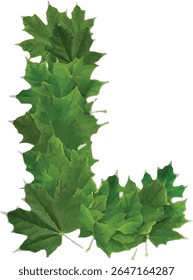 This image shows a capital letter "L" formed by stacking several vibrant green maple leaves, creating a natural and organic representation of the letter.