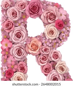 Esta imagem mostra uma letra maiúscula "R" formada inteiramente a partir de uma multidão de rosas cor-de-rosa e flores menores em diferentes tons de rosa e rosa.