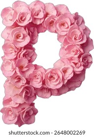 This image shows a capital letter "P" formed by many small, light pink roses, creating a visually appealing and floral representation of the letter.