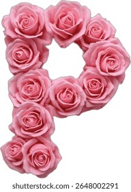 This image shows a capital letter "P" formed by many pink roses, creatively arranged to create the shape of the letter, with a white background.