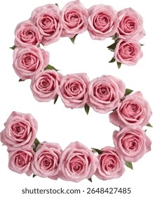This image shows a capital letter "S" formed by light pink roses arranged meticulously around the edges to create the shape of the letter against a clean white background.
