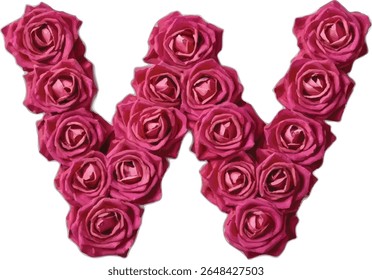 This image shows a capital letter "W" created using many dark pink roses, giving it a romantic and floral design.