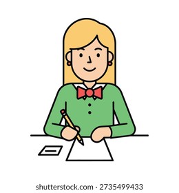 This image shows a cartoon blonde woman in a green shirt and red bow tie writing on a piece of paper with a pencil at a desk
