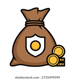 This image shows a cartoon brown money bag with a white shield and yellow coin, accompanied by gold coins. Featuring secure