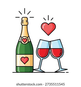 This image shows a cartoon champagne bottle with a heart label and two wine glasses with red wine, conveying a romantic celebration atmosphere
