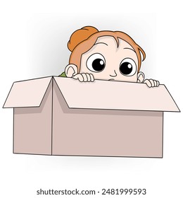 This image shows a cartoon child with brown hair peeking out from inside a cardboard box, suggesting a game of hide and seek