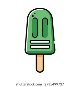 This image shows a cartoon green ice cream bar with a smiling face on a wooden stick against a white background. Featuring popsicle