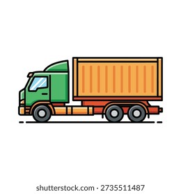 This image shows a cartoon green truck with a large orange shipping container on a flatbed trailer, set against a plain white background