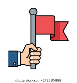 This image shows a cartoon hand holding a gray pole with a red flag, indicating announcement, warning, or celebration. Featuring hand holding flag