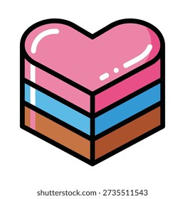 This image shows a cartoon heart-shaped cake with multiple layers of pink, blue, and brown colors on a white background Featuring heart cake