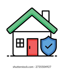 This image shows a cartoon house with a green roof, red door, and blue shield with a checkmark, symbolizing protection and security