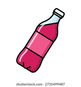 This image shows a cartoon illustration of a pink soda bottle with a white cap on a white background. Featuring drink, beverage
