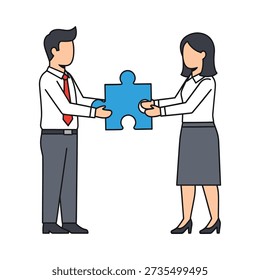 This image shows a cartoon illustration of a man and woman in business attire holding a blue puzzle piece together. Featuring teamwork
