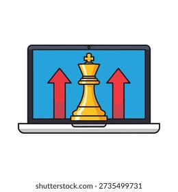 This image shows a cartoon laptop with a blue screen displaying a golden chess king and two red upward arrows on either side
