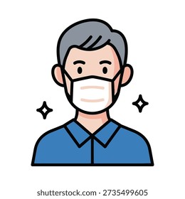 This image shows a cartoon man wearing a white face mask with sparkles around him, conveying a sense of cleanliness and protection