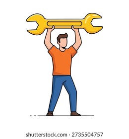 This image shows a cartoon man in orange shirt and blue jeans holding a large yellow wrench above his head. Featuring standing
