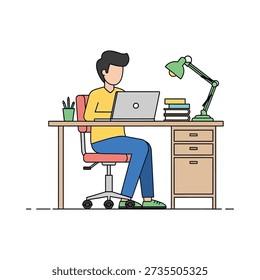 This image shows a cartoon man sitting at a desk working on a laptop with books and a green lamp nearby. Featuring office