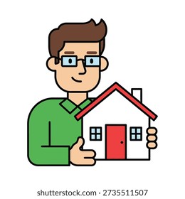 This image shows a cartoon man holding a small white house with a red roof and door. Featuring green, shirt, glasses, smiling