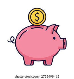 This image shows a cartoon pink piggy bank with a yellow dollar coin on top, symbolizing saving money and financial planning