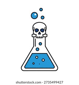 This image shows a cartoon skull inside a beaker with blue liquid and bubbles. Featuring toxic, poison, chemical, lab, science