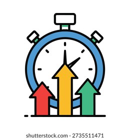 This image shows a cartoon stopwatch with a blue border and three colorful arrows rising from it, symbolizing growth and efficiency