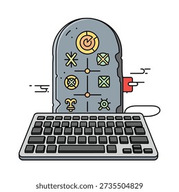 This image shows a cartoon tombstone with yellow symbols and a red plug rising from a computer keyboard. Featuring illustration