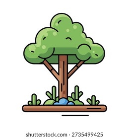 This image shows a cartoon tree with a brown trunk and green leaves on a wooden platform with grass and blue rocks. Featuring illustration