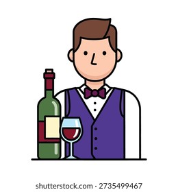 This image shows a cartoon waiter wearing a purple vest and bow tie, standing behind a table with a bottle and glass of wine