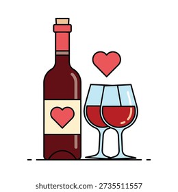 This image shows a cartoon wine bottle and two glasses with hearts. Featuring love, romance, valentine, drink, alcohol, red wine