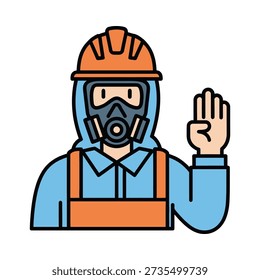 This image shows a cartoon worker wearing a gas mask, hard hat, and overalls signaling to stop. Featuring protective gear