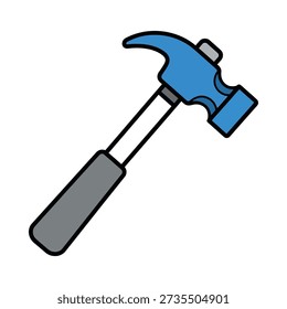 This image shows a cartoon-style blue hammer with a gray handle against a white background. Featuring tool, construction