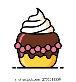 This image shows a cartoon-style cupcake with chocolate frosting, pink dots, and white whipped cream on top. Featuring yellow