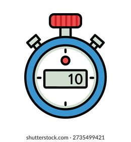 This image shows a cartoon-style digital stopwatch with a blue border, red button, and LCD display showing 10 seconds on a white background