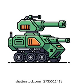 This image shows a cartoon-style green military tank with orange accents and two guns, one on top and one on the front, against a white background