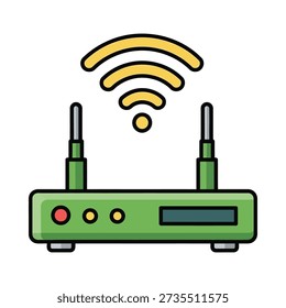 This image shows a cartoon-style green Wi-Fi router with a yellow signal indicator. Featuring Wi Fi router, wireless router