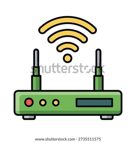 This image shows a cartoon-style green Wi-Fi router with a yellow signal indicator. Featuring Wi Fi router, wireless router