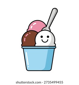 This image shows a cartoon-style illustration of a blue cup filled with three scoops of ice cream and a spoon. The ice cream flavors are pink, chocolate, and white with a smiley face