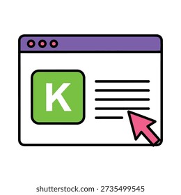 This image shows a cartoon-style illustration of a browser window with a green square logo featuring a white 'K', a purple toolbar, and a pink cursor hovering over lines of text