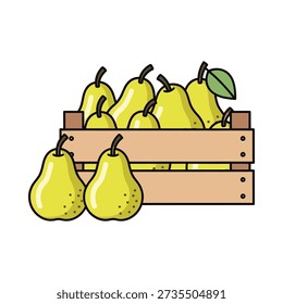 This image shows a cartoon-style illustration of a wooden crate filled with yellow pears, with a few pears spilling out, on a plain white background